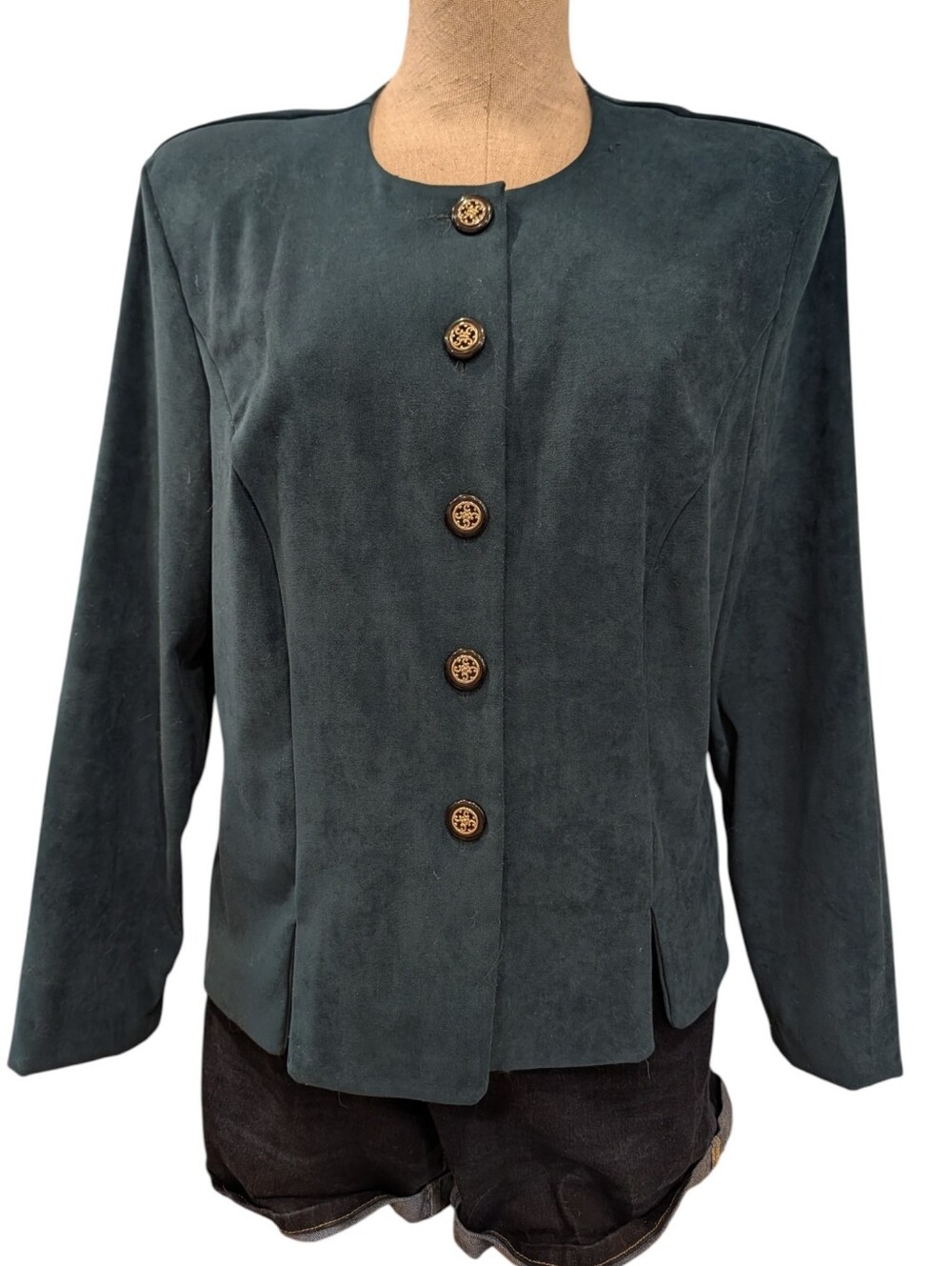 Vintage Kathie Lee Collection Faux Suede Blazer Teal Gold Buttons Women's 14
